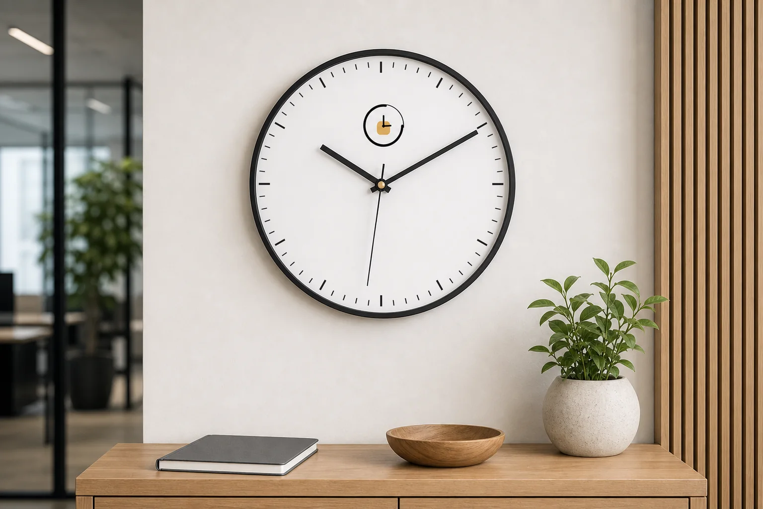Realistic case example of a custom logo wall clock with minute tick marks in a modern office reception area
