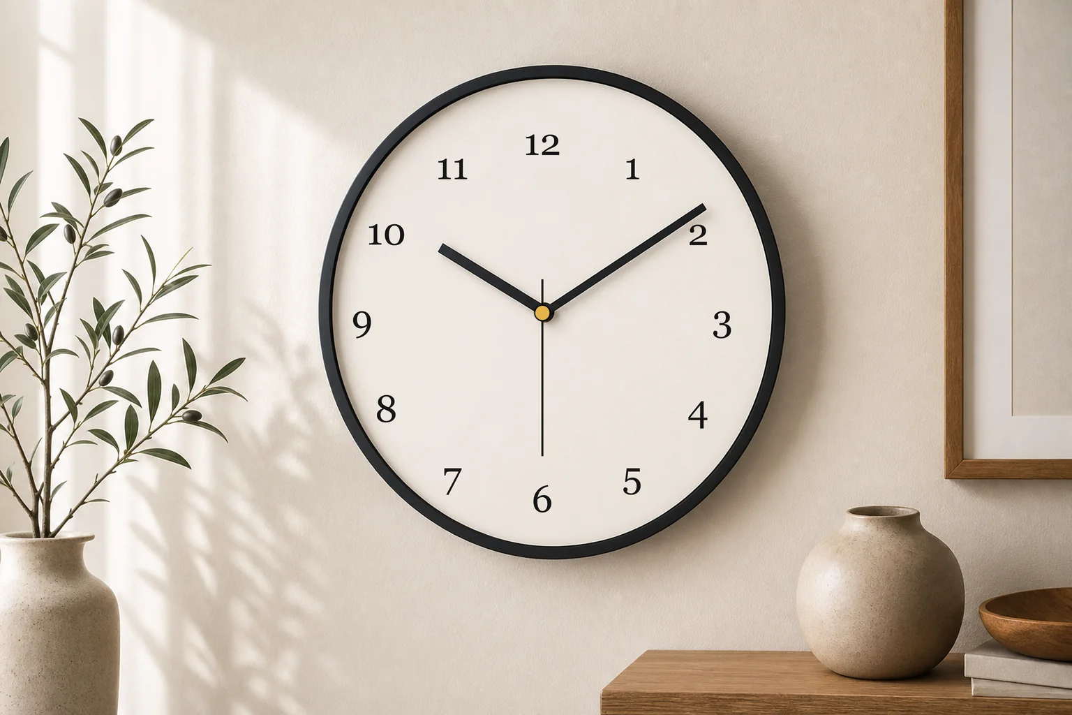Realistic case example of a round custom wall clock with Arabic numerals and a clean second hand on a warm home wall