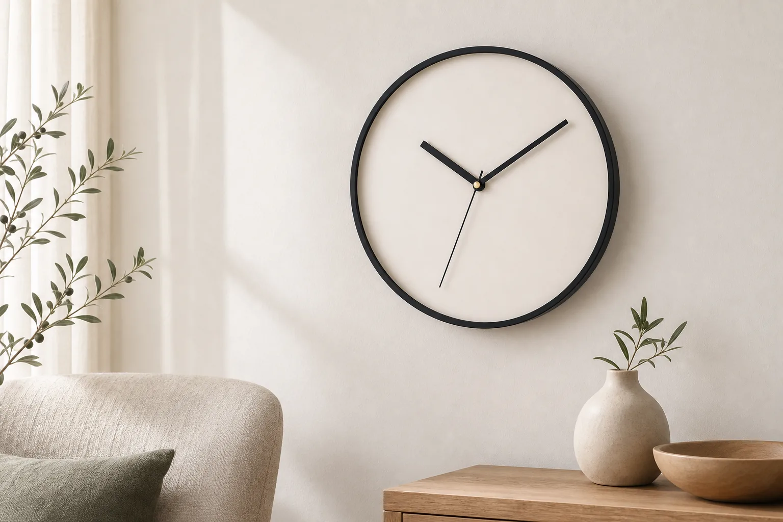 Realistic case example of a minimalist round wall clock in a calm neutral room