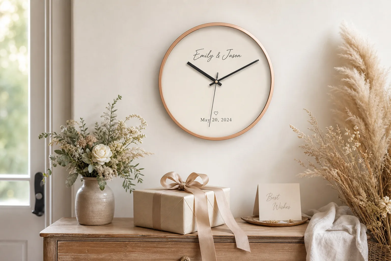 Realistic case example of a personalized wall clock gift with names and date