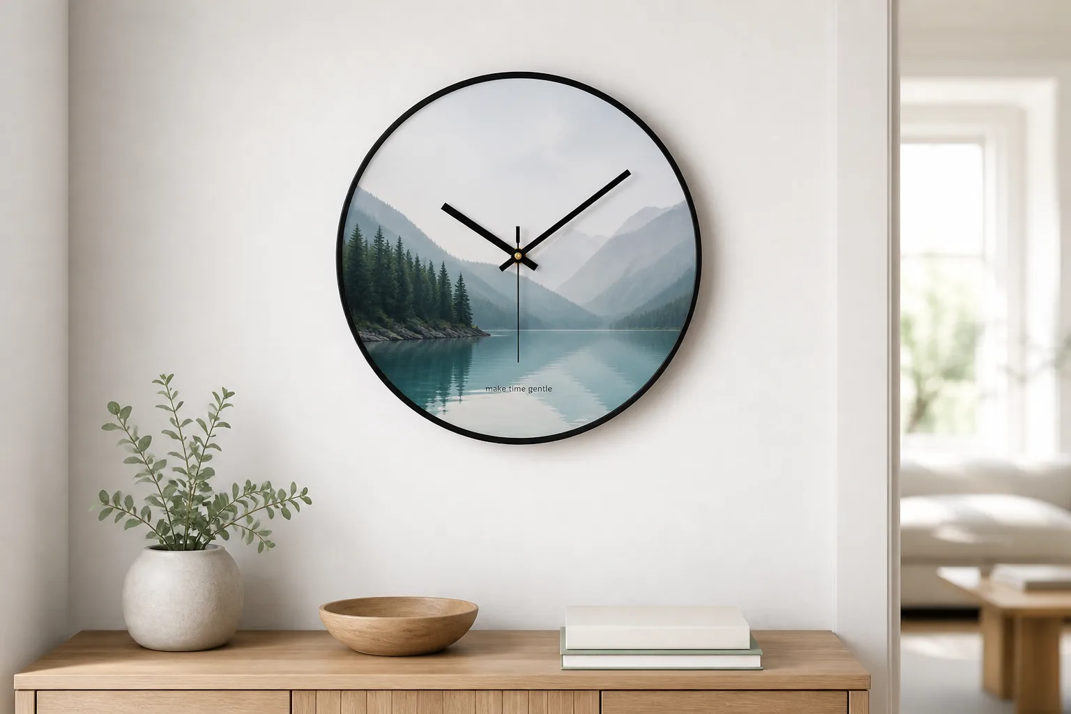 Realistic case example of a custom photo wall clock with a round scenic image face