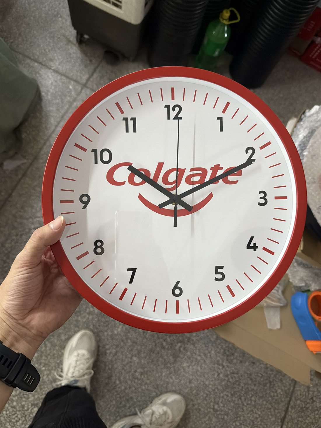 Colgate red frame custom logo wall clock with red minute marks