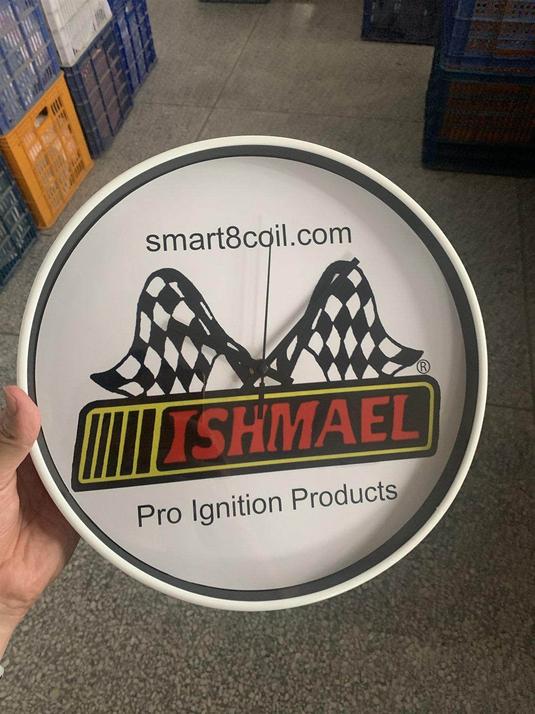 Ishmael custom logo wall clock with white frame and large printed logo