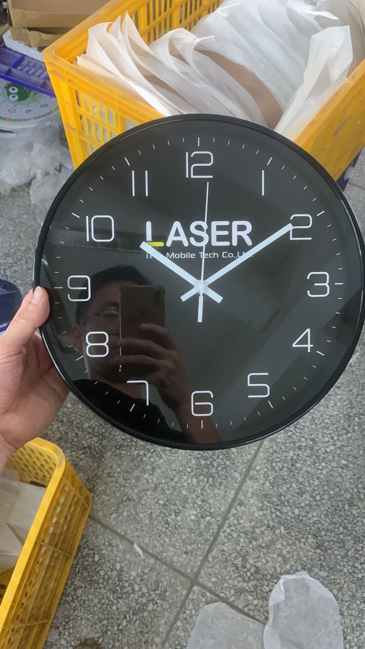 Laser Mobile Tech black custom logo wall clock with white numerals