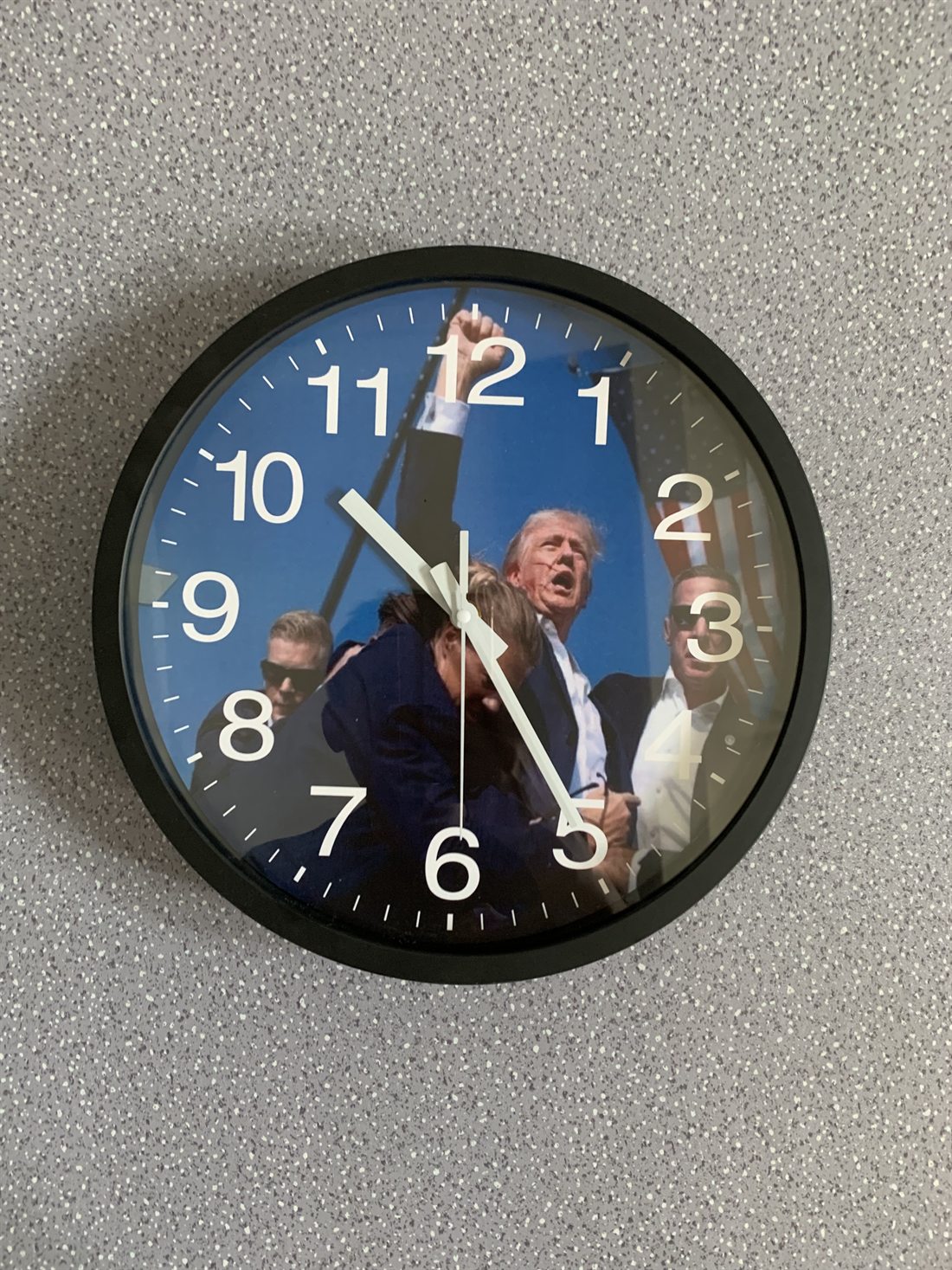 Custom photo print wall clock with black frame and white numerals