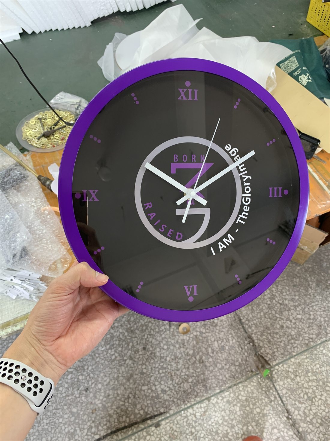 Purple custom affirmation logo wall clock with Roman numerals