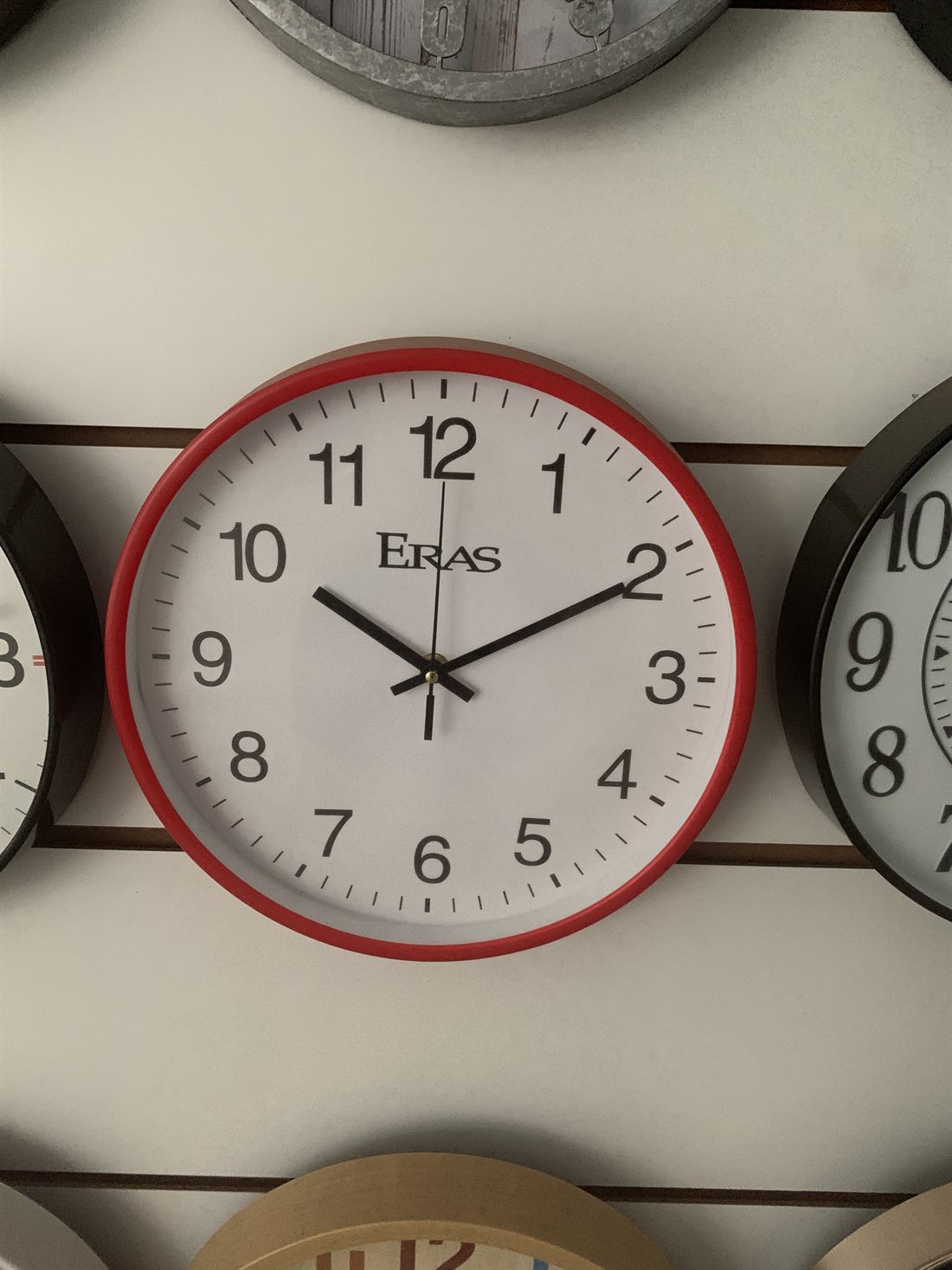 ERAS custom logo wall clock with red frame and full numerals