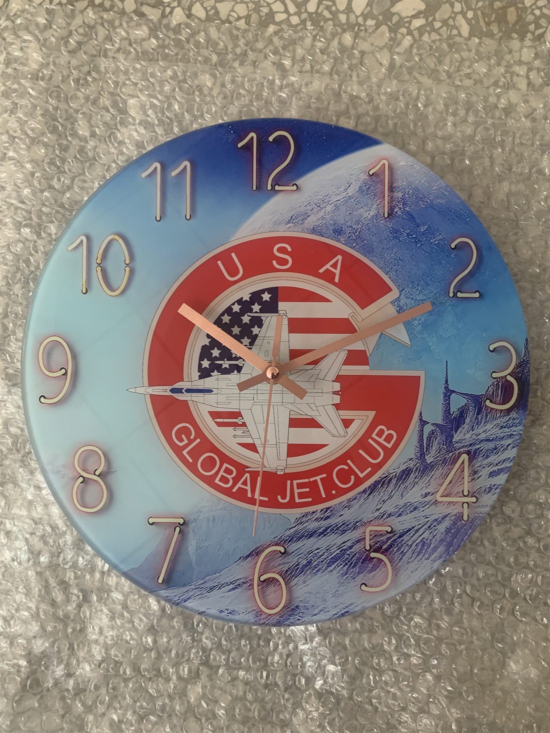 USA Global Jet Club custom photo wall clock with aircraft artwork
