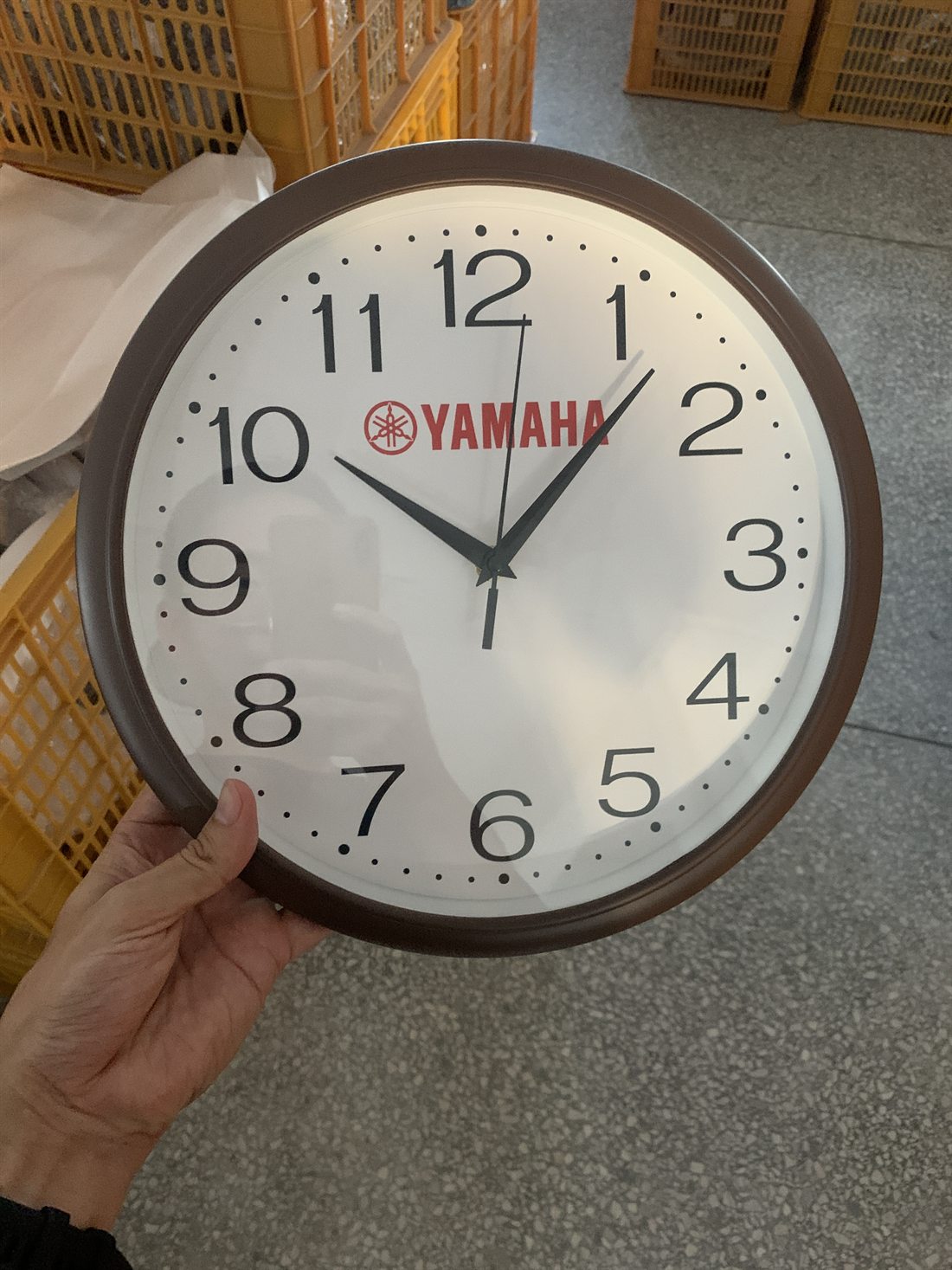 Yamaha logo custom wall clock with brown frame and full numerals