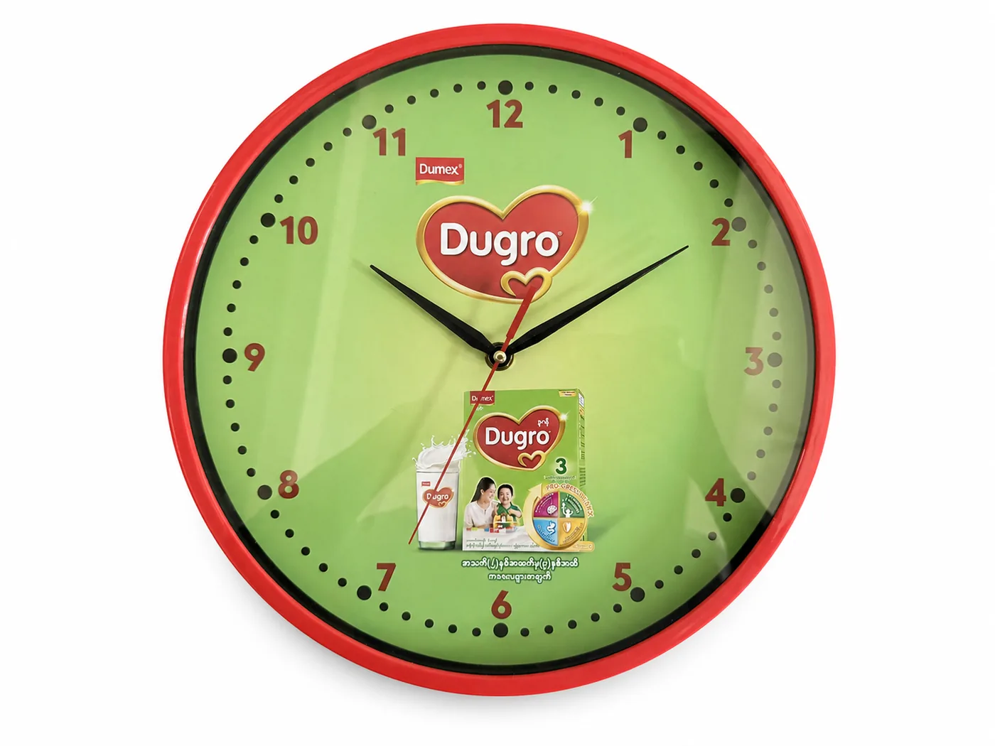 Real custom logo wall clock with red frame and green printed brand artwork