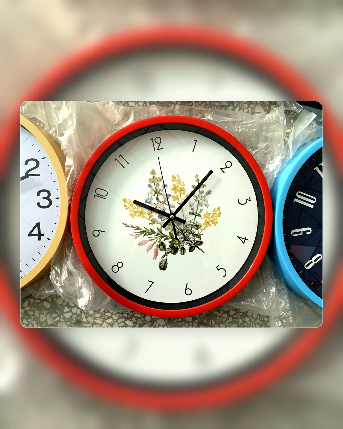 Real floral artwork custom wall clock with red frame