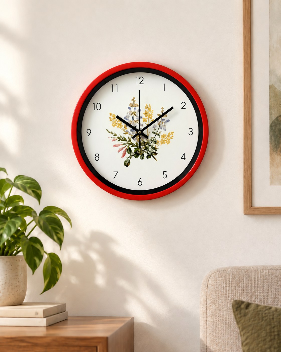 Staged wall-mounted lifestyle view of a red-frame floral custom wall clock