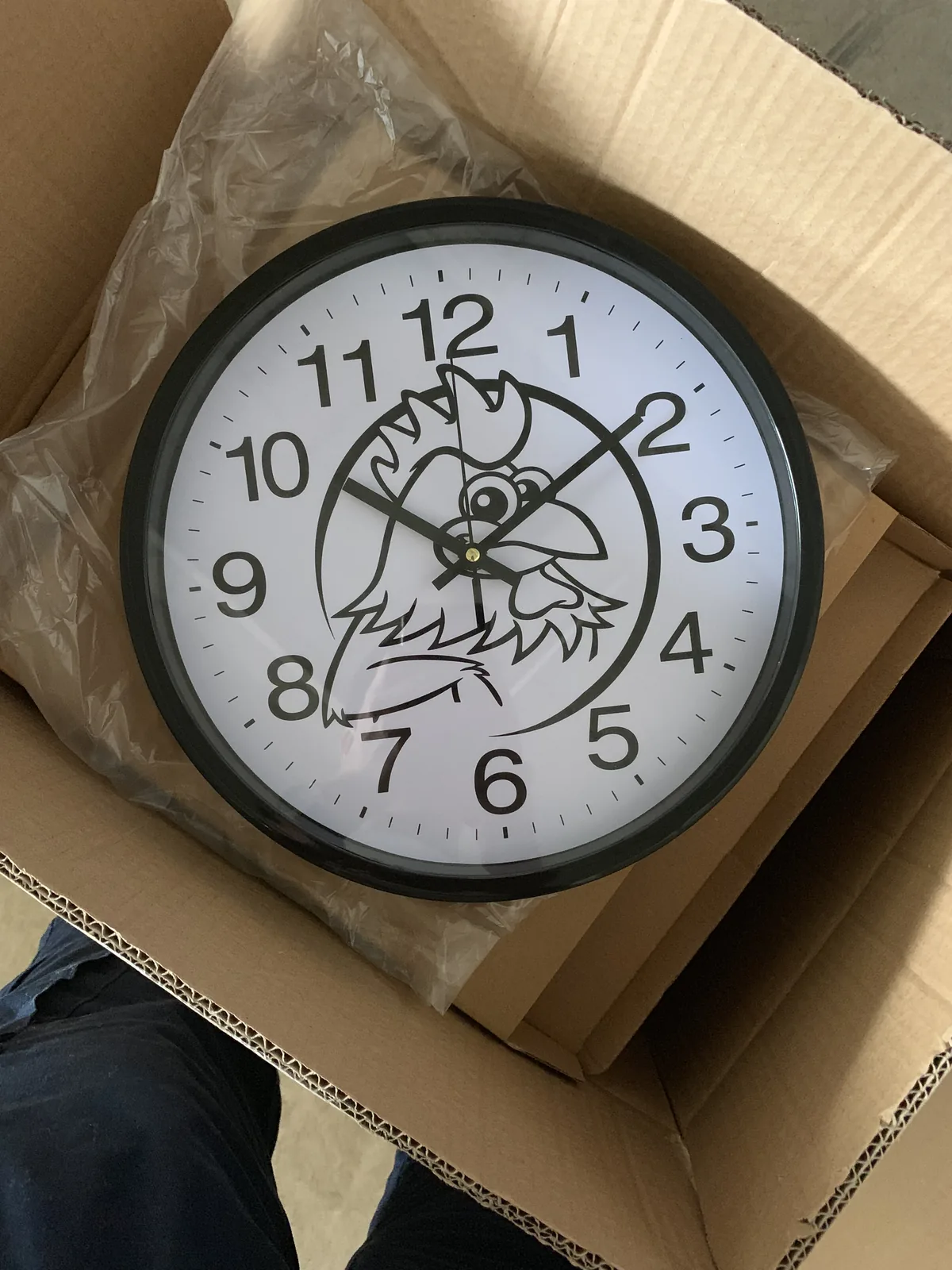 Real custom rooster illustration wall clock with black frame