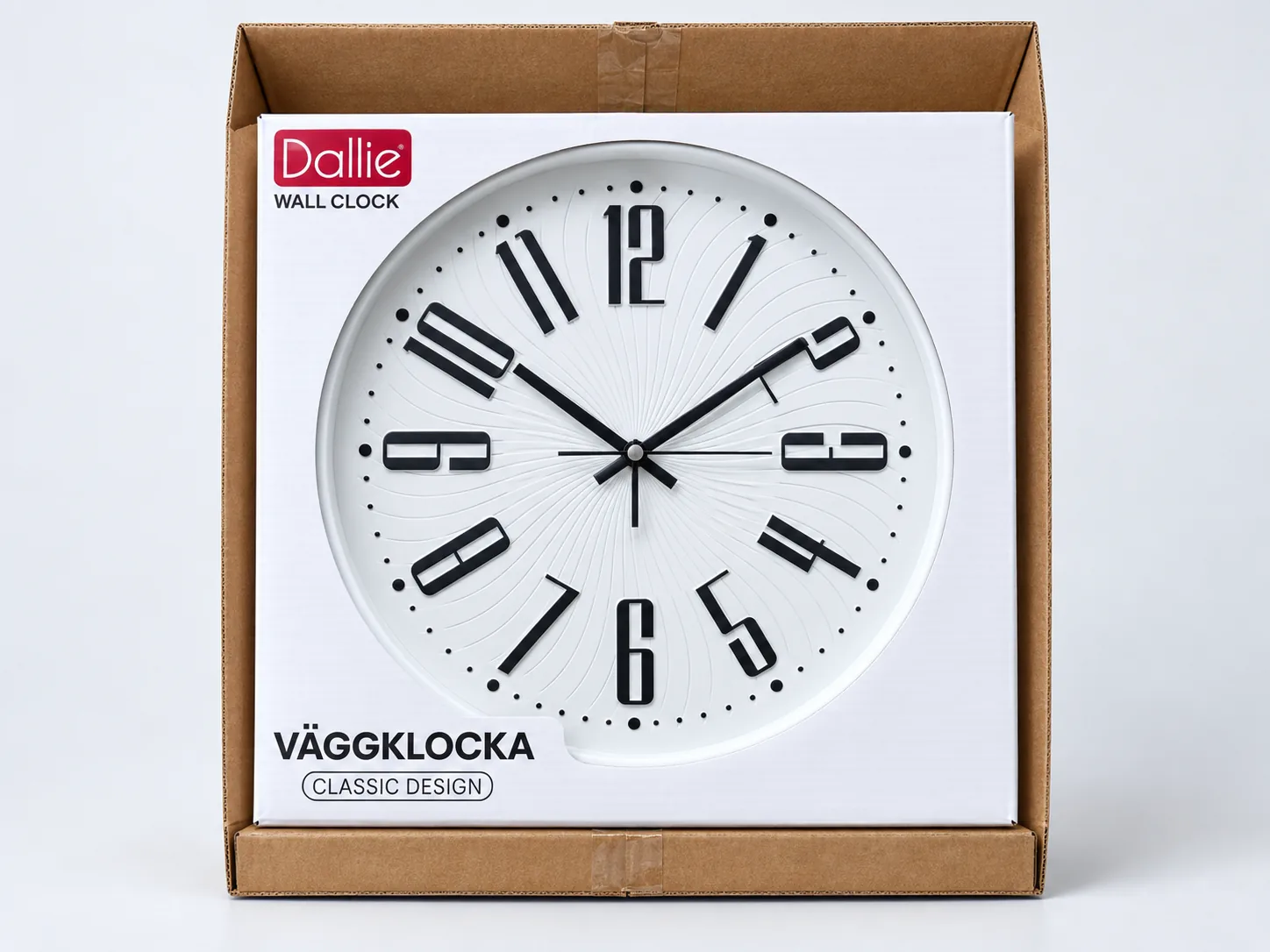 Retail wall clock box protected inside a kraft shipping carton